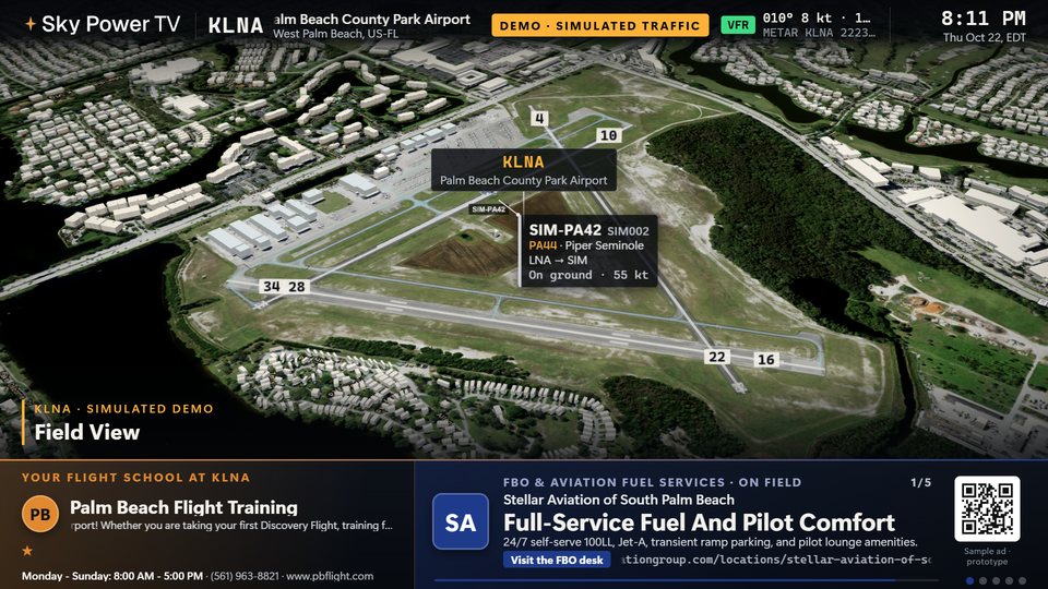 Palm Beach County Park Airport in demo mode, with Palm Beach Flight Training on the host panel and a sample FBO ad beside it.