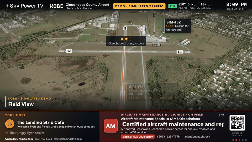 Okeechobee's field view with demo Cessnas and the Landing Strip Cafe host panel.