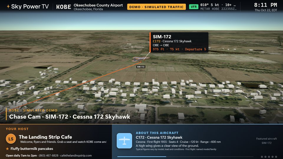 The chase cam behind a simulated Cessna 172 Skyhawk departing runway 5 at Okeechobee.
