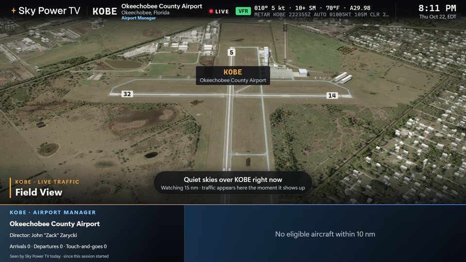Okeechobee field view in live mode, with the airport manager panel and a Planespotters aircraft photo card along the bottom.